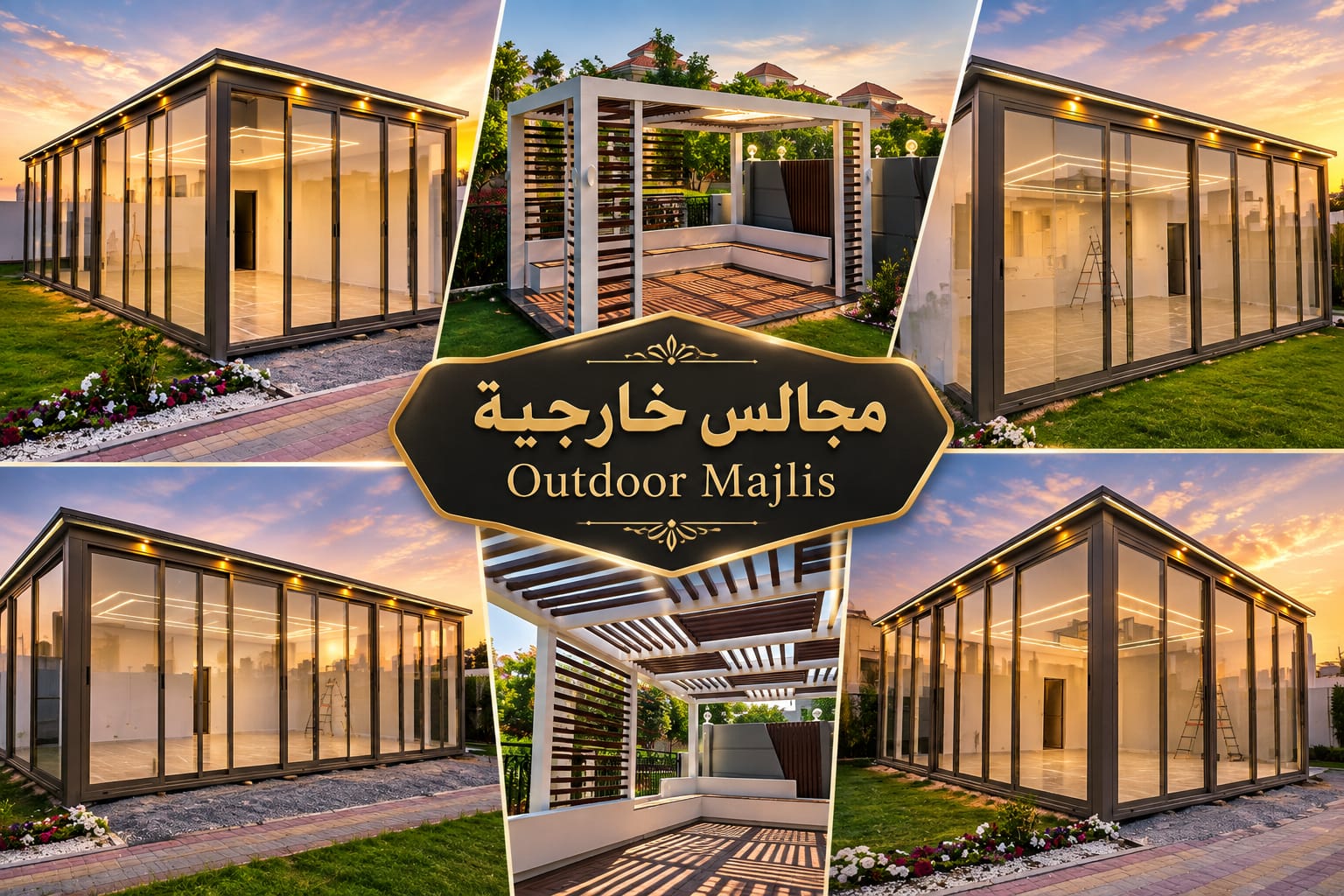 مجلس خارجي — غرفة زجاجية وهيكل برجولا خارجي